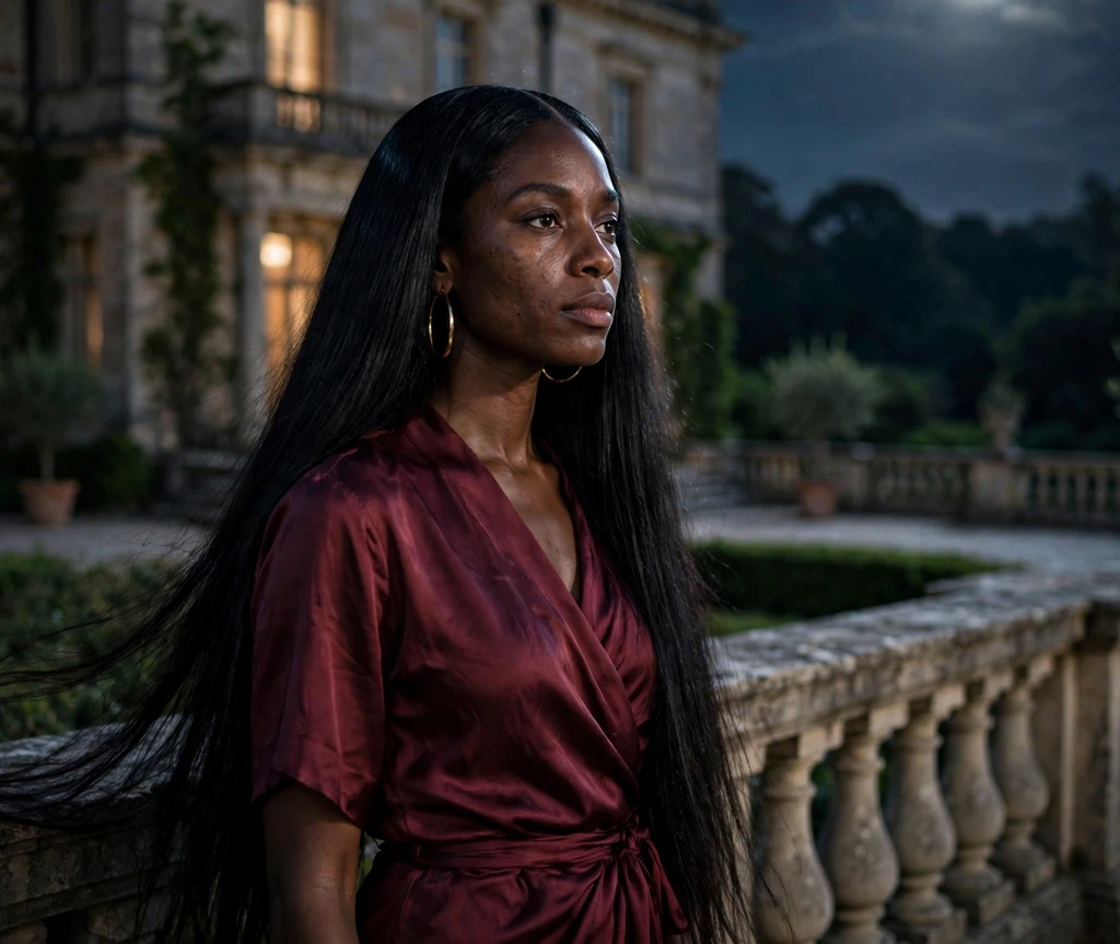Woman with raven sleek straight black vampire hairstyle on a moonlit mansion terrace