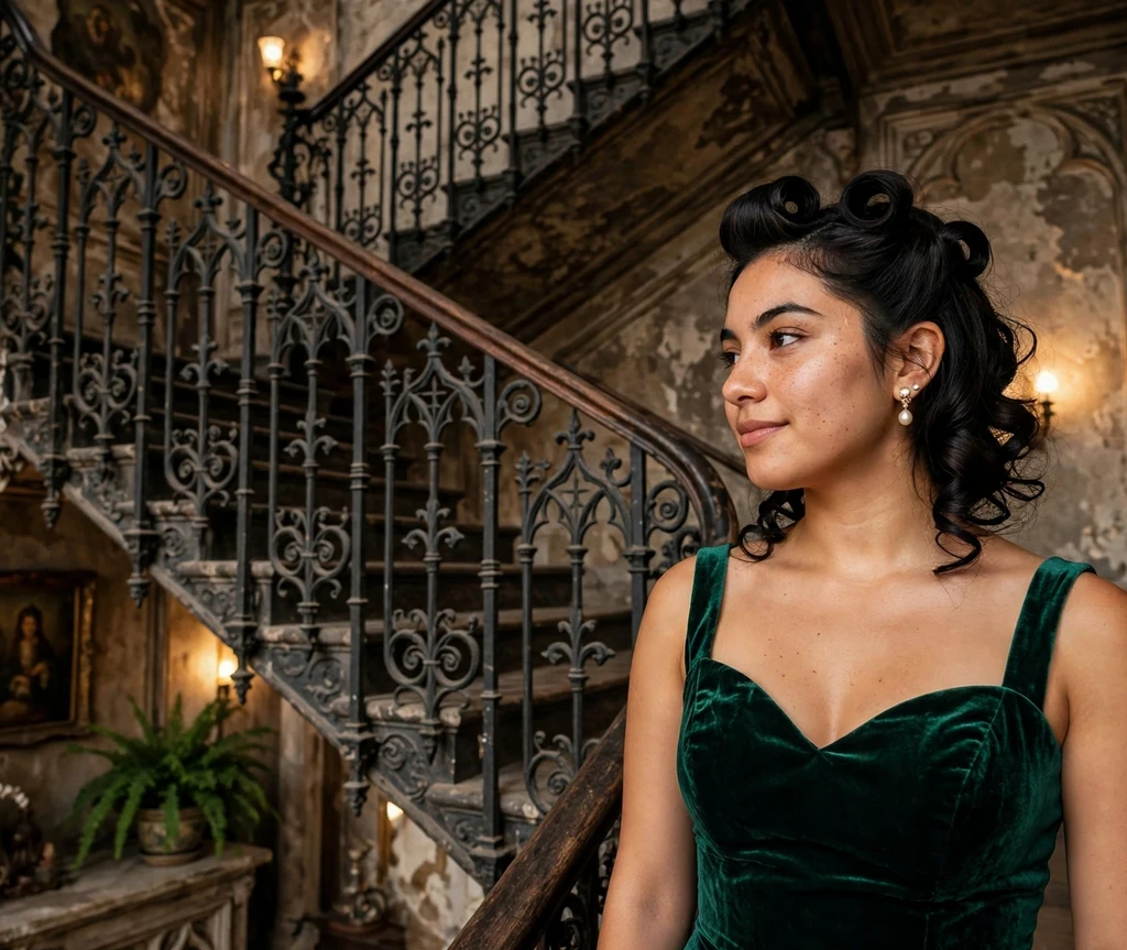 Woman with gothic victory rolls in jet-black hair on a vintage staircase