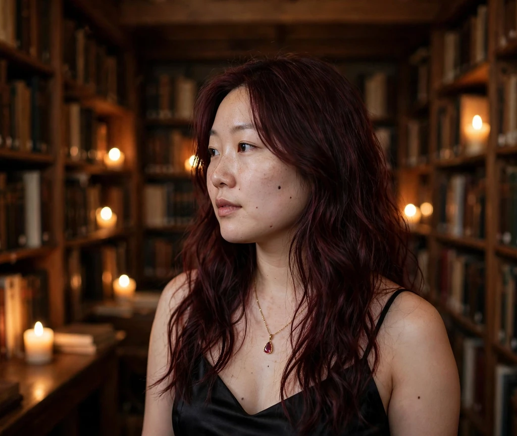 Woman with dark wine-red wavy vampire hairstyle in a candlelit library