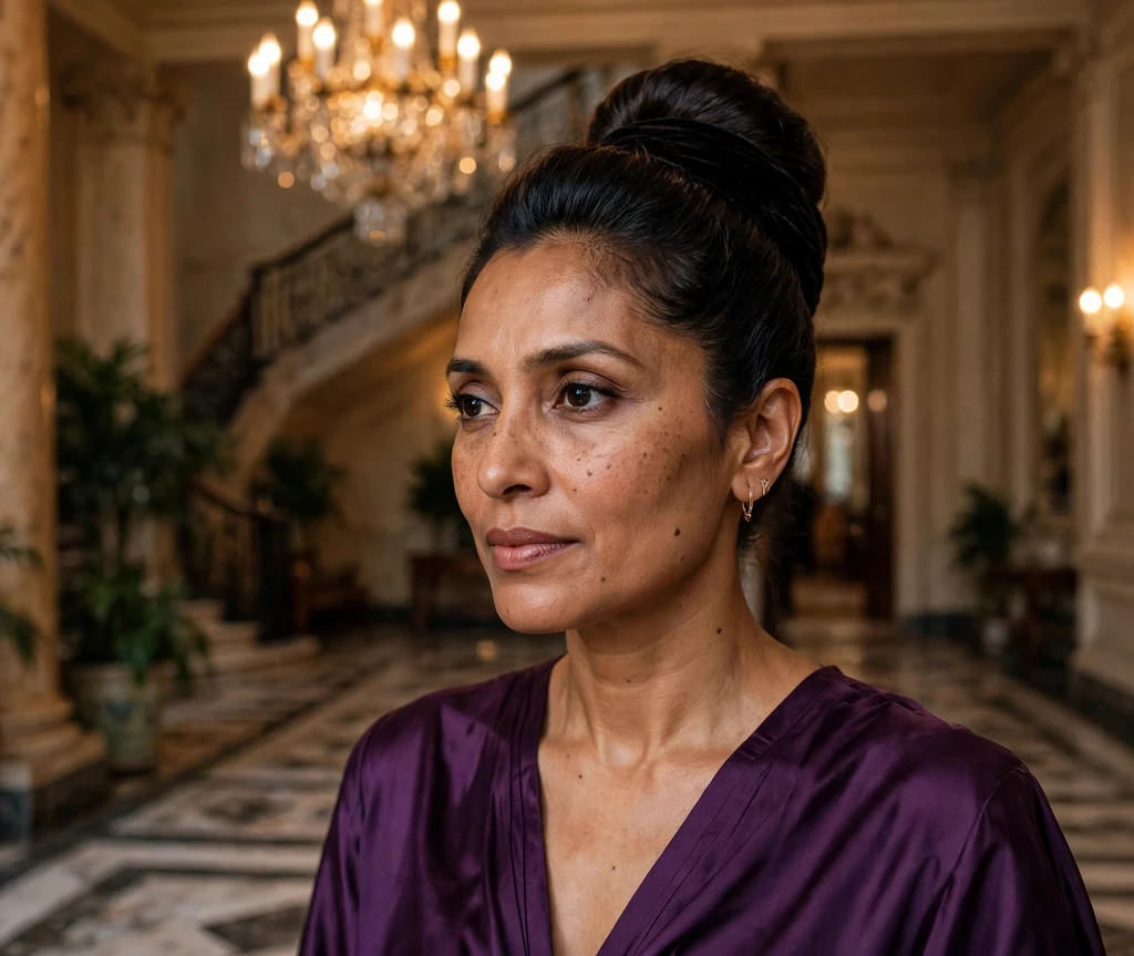 Woman with sleek midnight velvet updo hairstyle in a grand foyer
