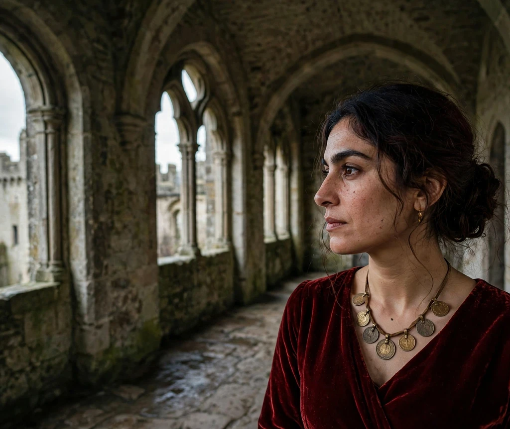 Woman with dark mahogany blood-moon chignon hairstyle in a castle corridor