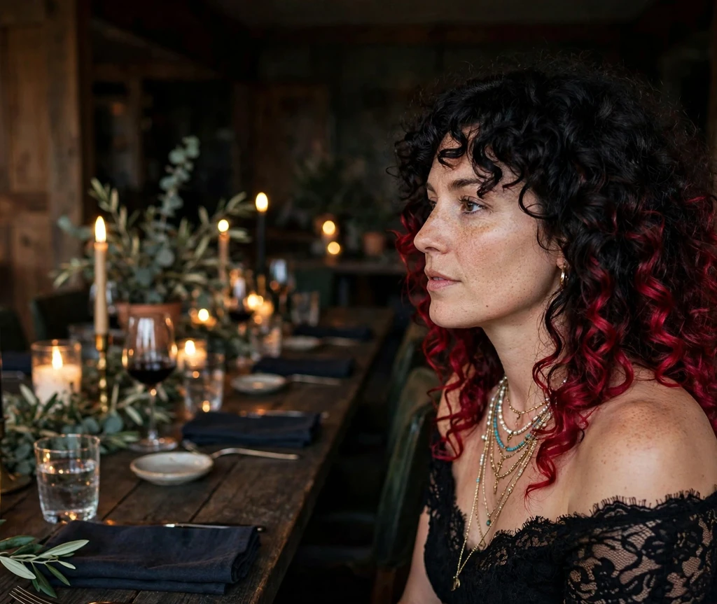Woman with black curls and crimson balayage vampire hairstyle in a candlelit dining room