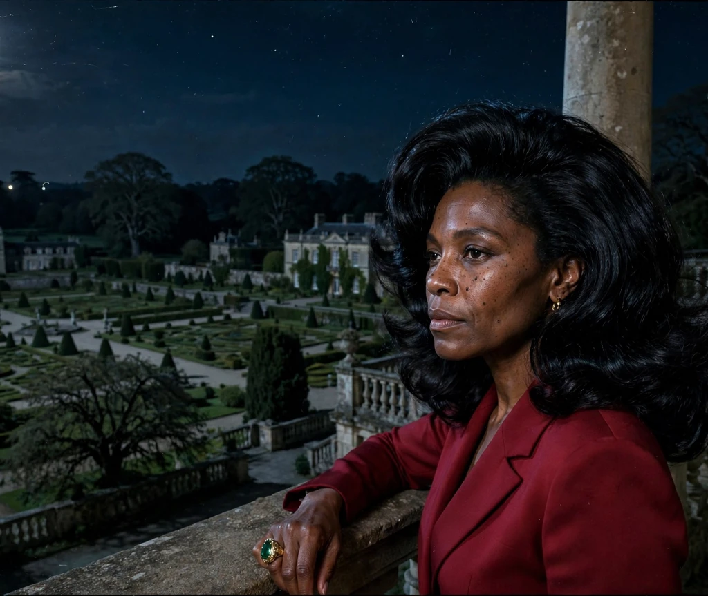 Woman with glossy voluminous black blowout vampire hairstyle on a moonlit balcony