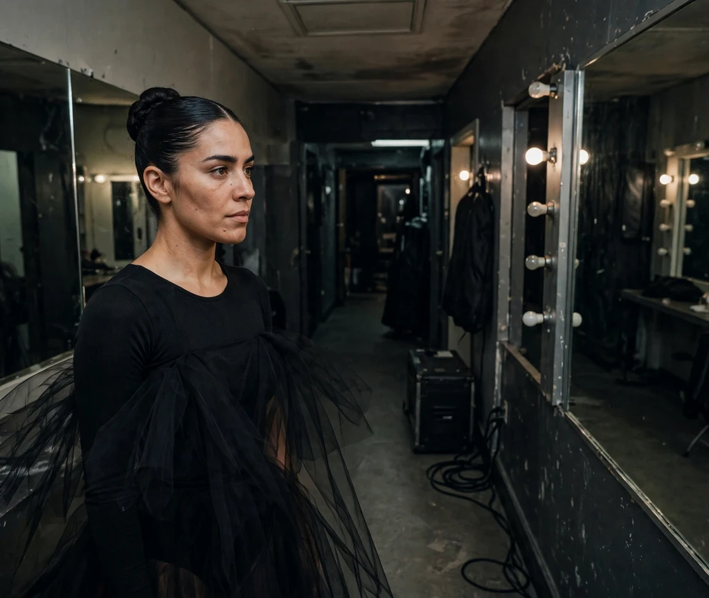 Woman with severe black swan ballerina bun hairstyle in a dim mirrored hallway