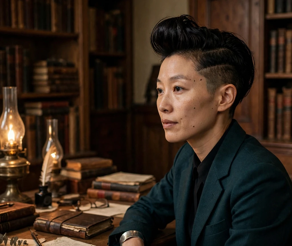 Woman with black midnight pompadour hairstyle in a vintage study