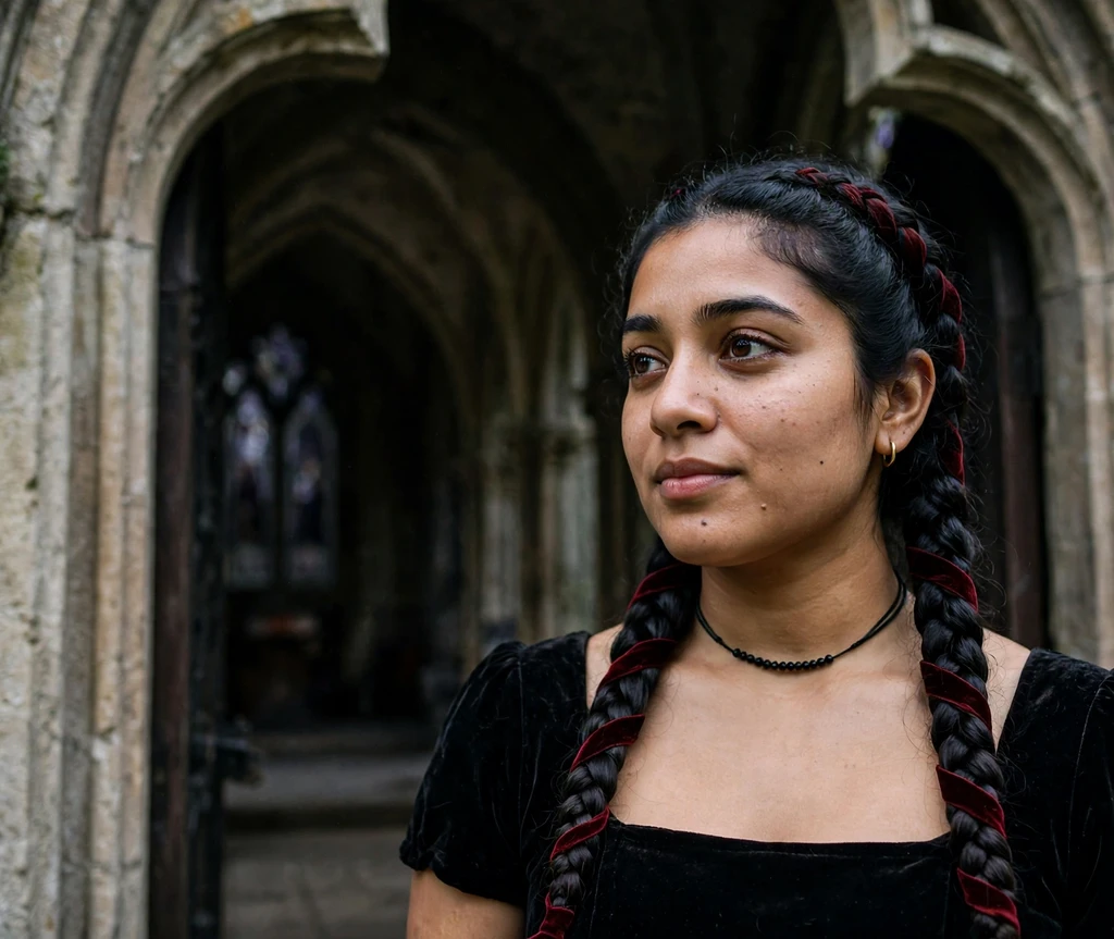 Woman with thick gothic Dutch braids with red ribbon in a stone chapel doorway