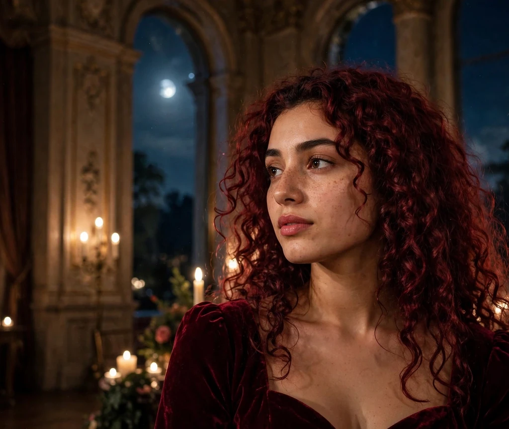 Woman with long wine-stained tight curls vampire hairstyle in a candlelit ballroom