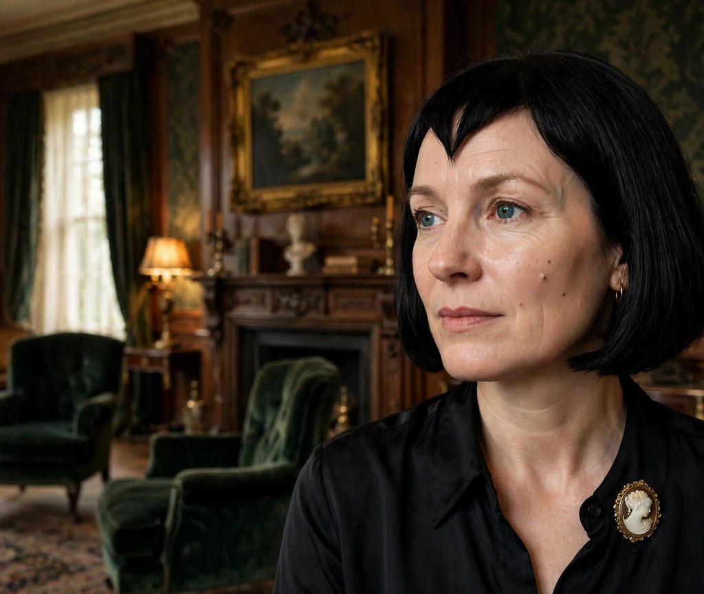 Woman with black bob and sharp widow's peak fringe in an old mansion drawing room