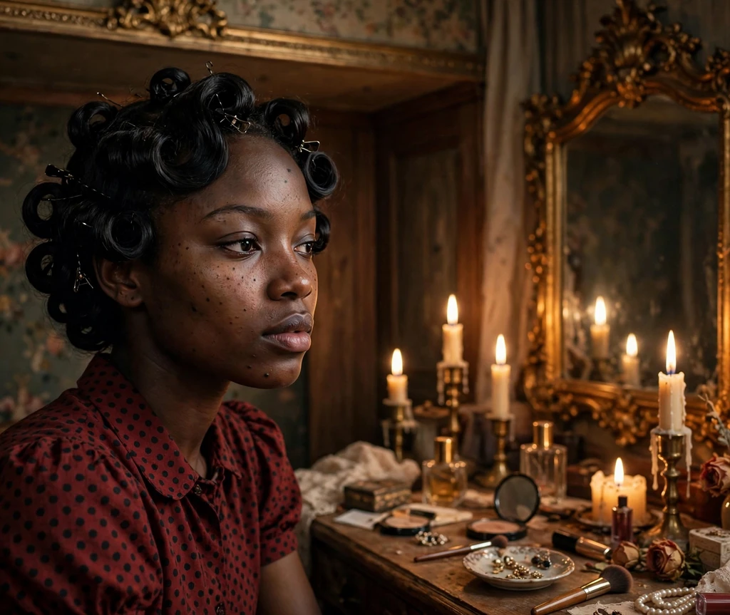 Woman with sculpted midnight black pin curls in a candlelit vanity room