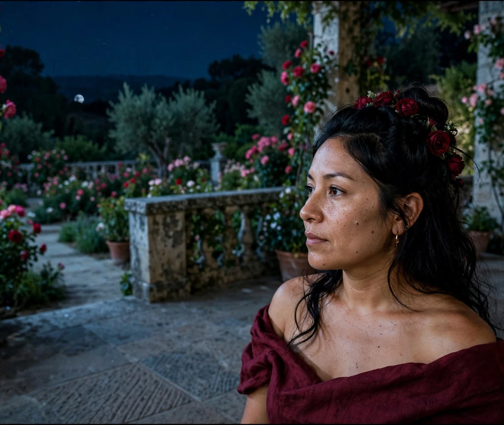 Woman with black half-up crown hairstyle pinned with dark red roses in a moonlit garden