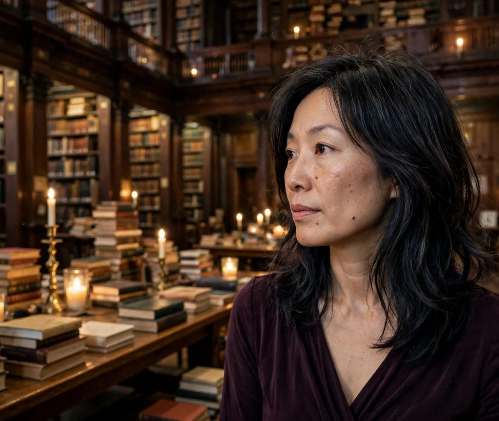 Woman with layered black hair and subtle raven balayage in a grand library