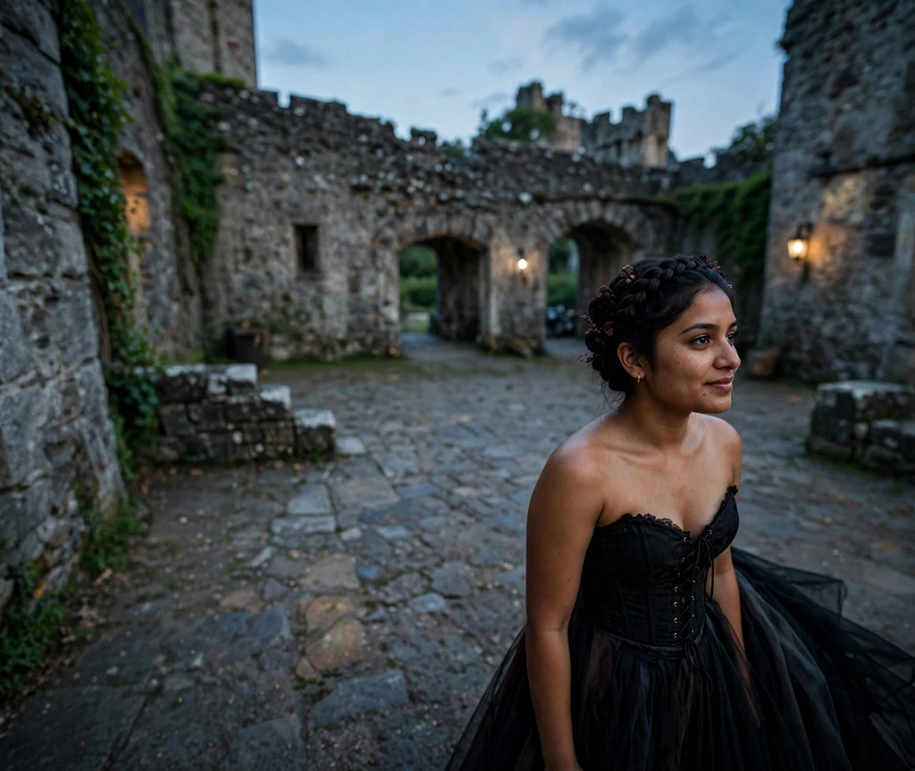 Woman with black gothic milkmaid braid crown in a castle courtyard at dusk