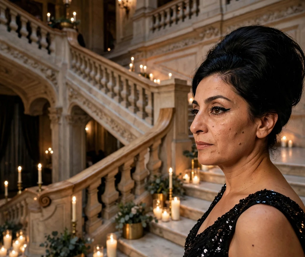 Woman with tall onyx black beehive updo on a candlelit grand staircase