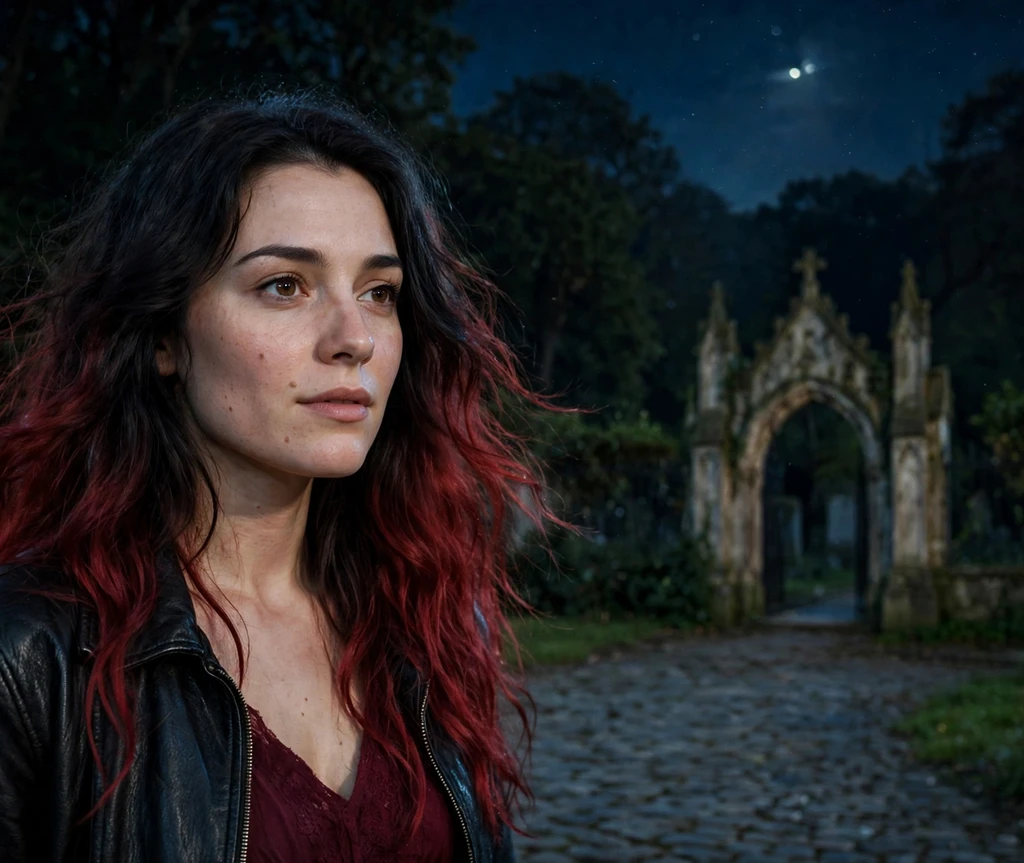 Woman with black to blood-red ombre long waves vampire hairstyle at night