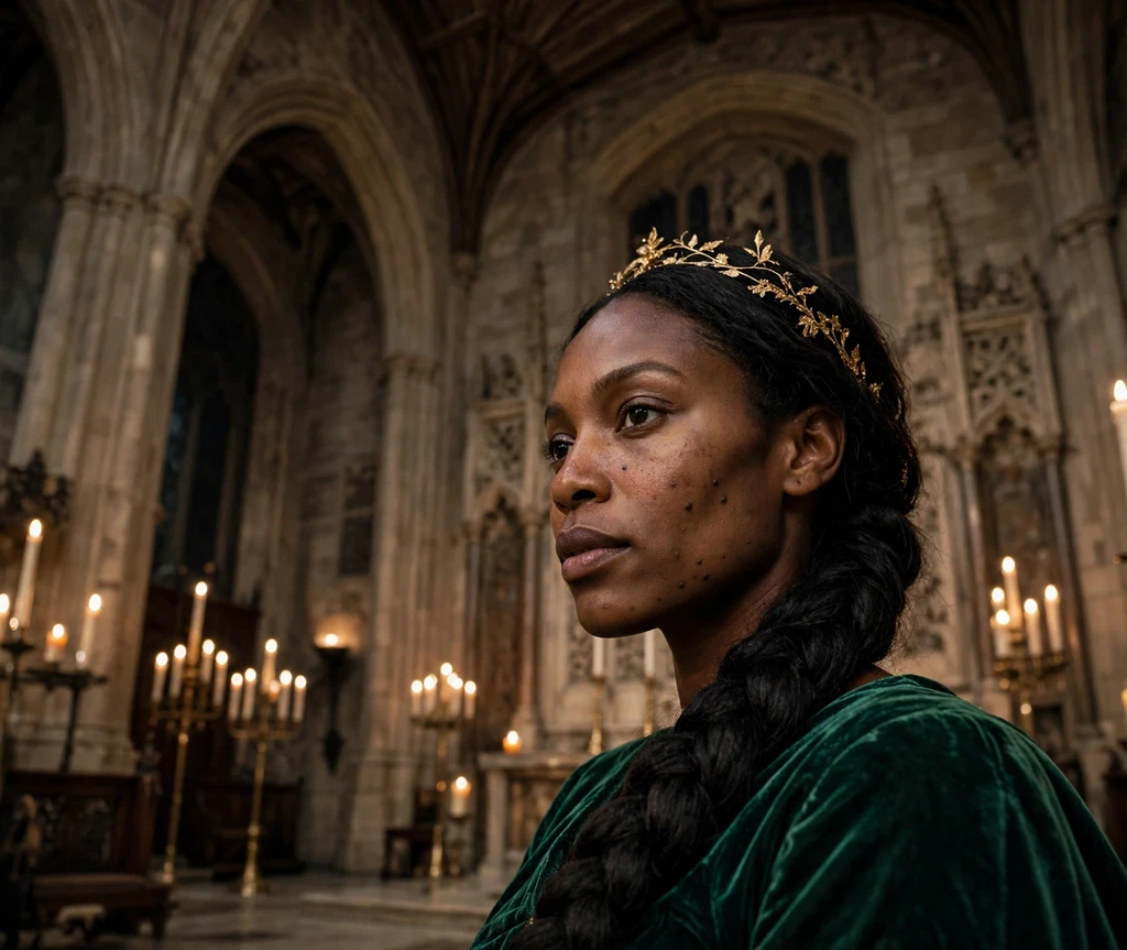 Woman with long black fishtail braid over one shoulder in a candlelit throne hall