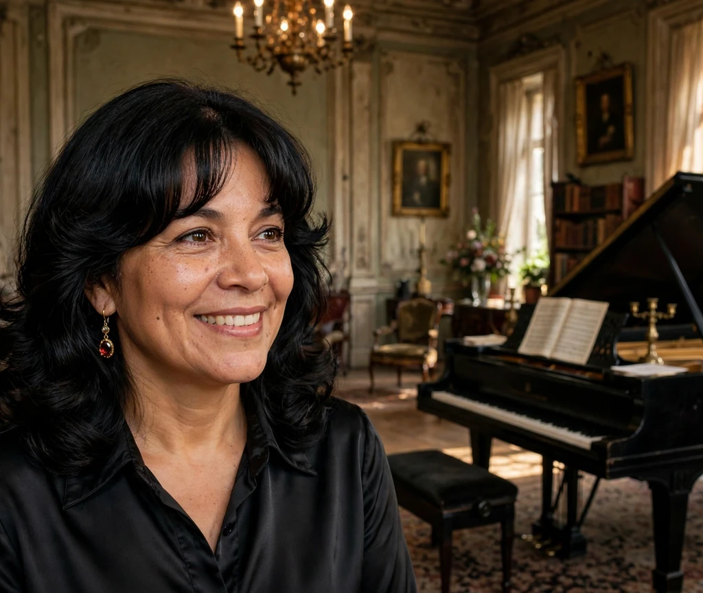 Woman with bouncy black blowout and curtain bangs in a mansion music room