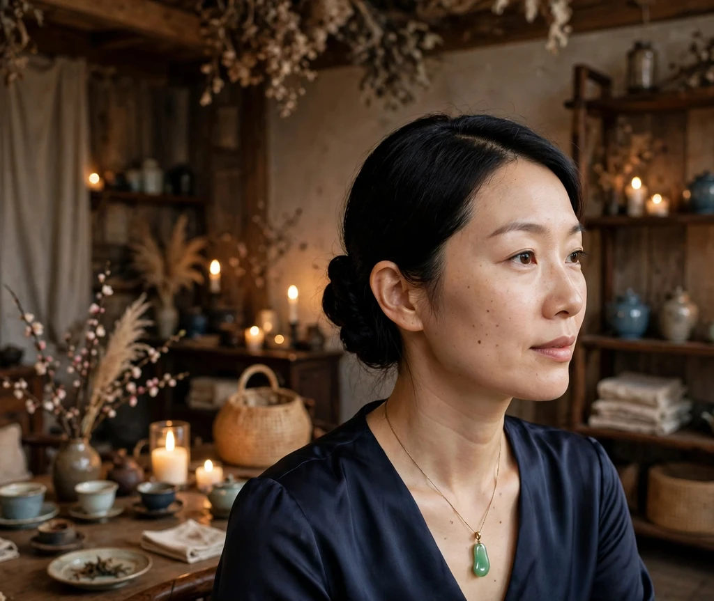 Woman with neat low black chignon with side part in a candlelit parlor