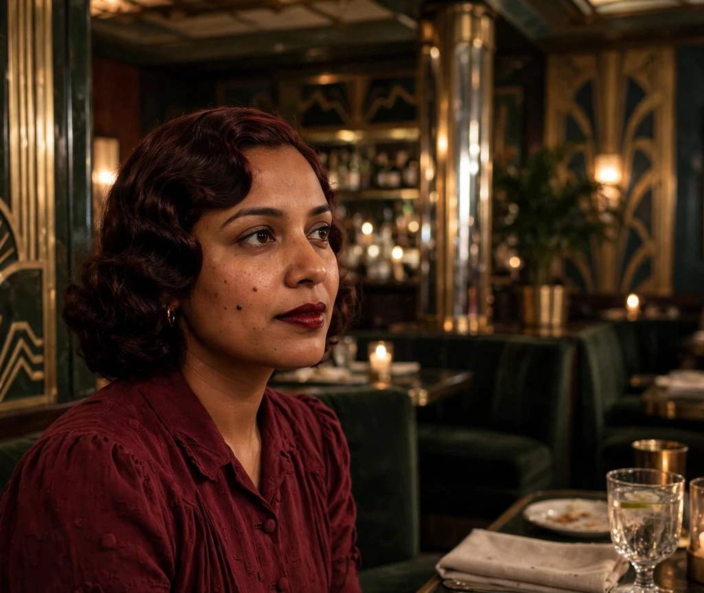 Woman with dark cherry vintage finger waves in an art-deco candlelit lounge