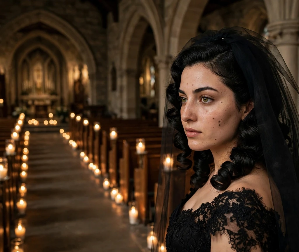 Woman with black Hollywood curls and dark veil headpiece in a candlelit chapel