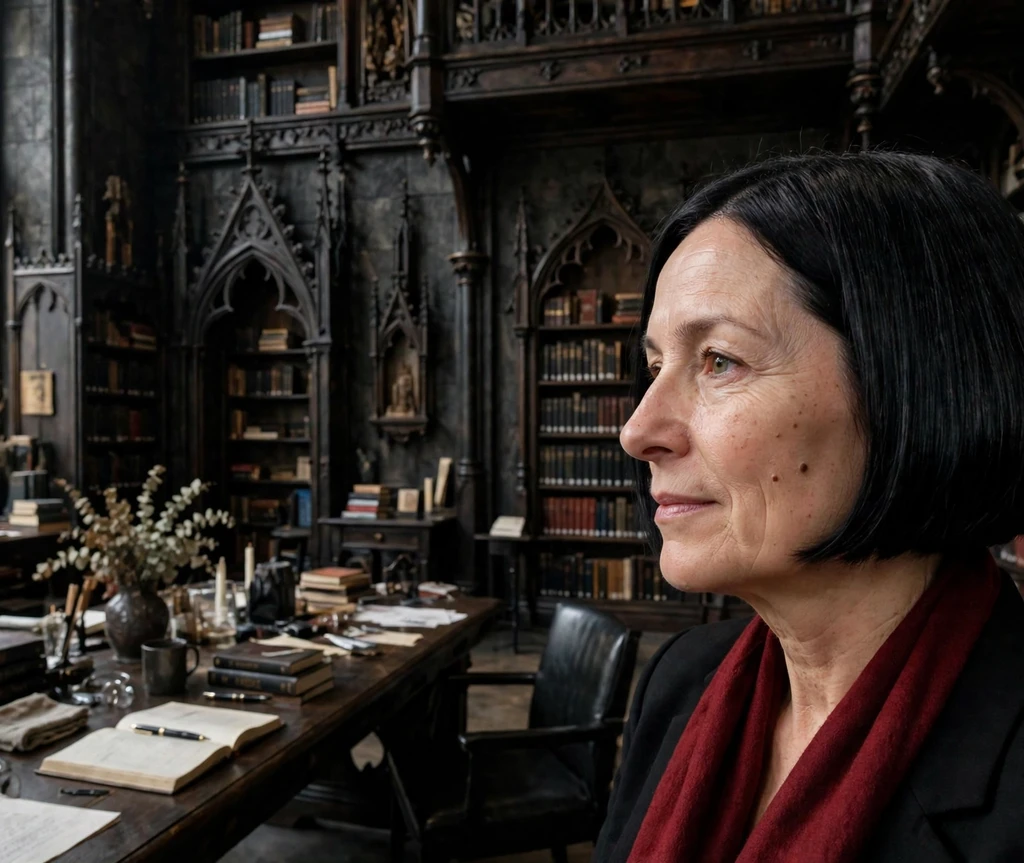 Woman with razor-sharp onyx black glass-hair bob in a dark library