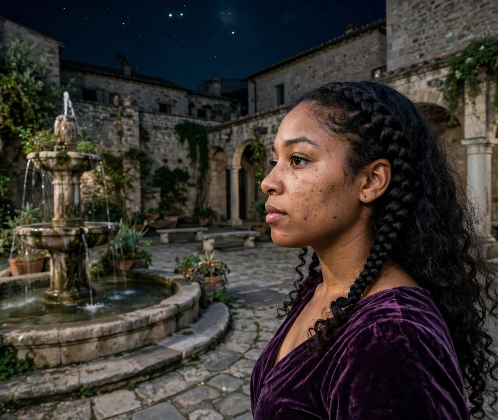 Woman with black waterfall braid through long dark curls by a moonlit fountain