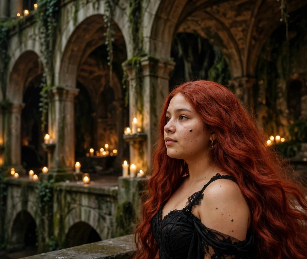 Woman with ultra-long blood-red mermaid waves in a candlelit arched hall