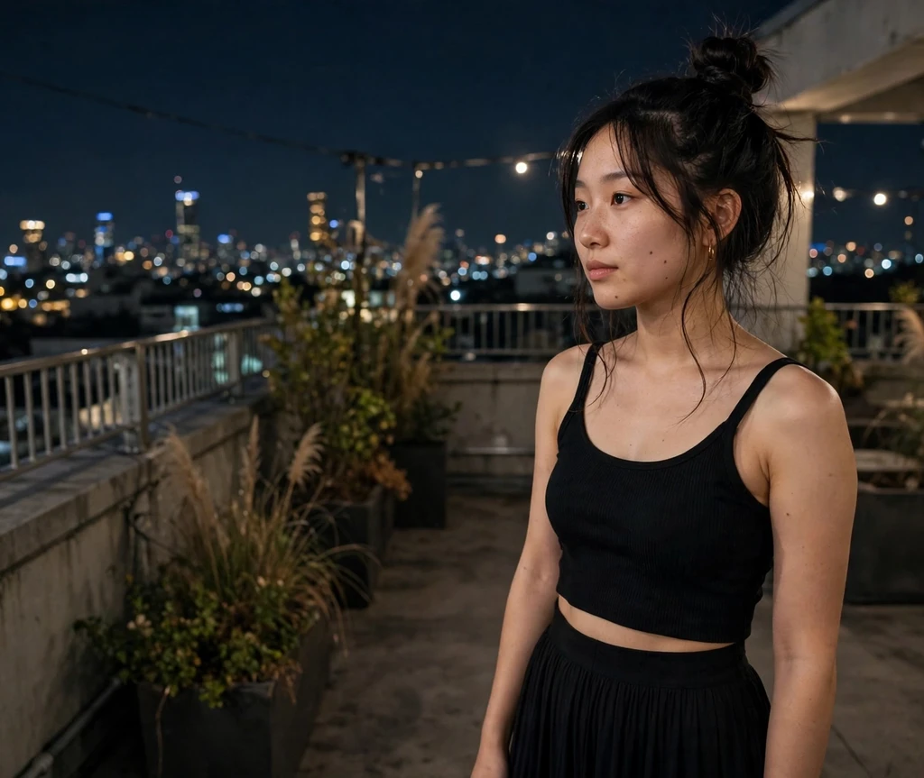 Woman with high black top knot and loose face-framing tendrils on a night terrace