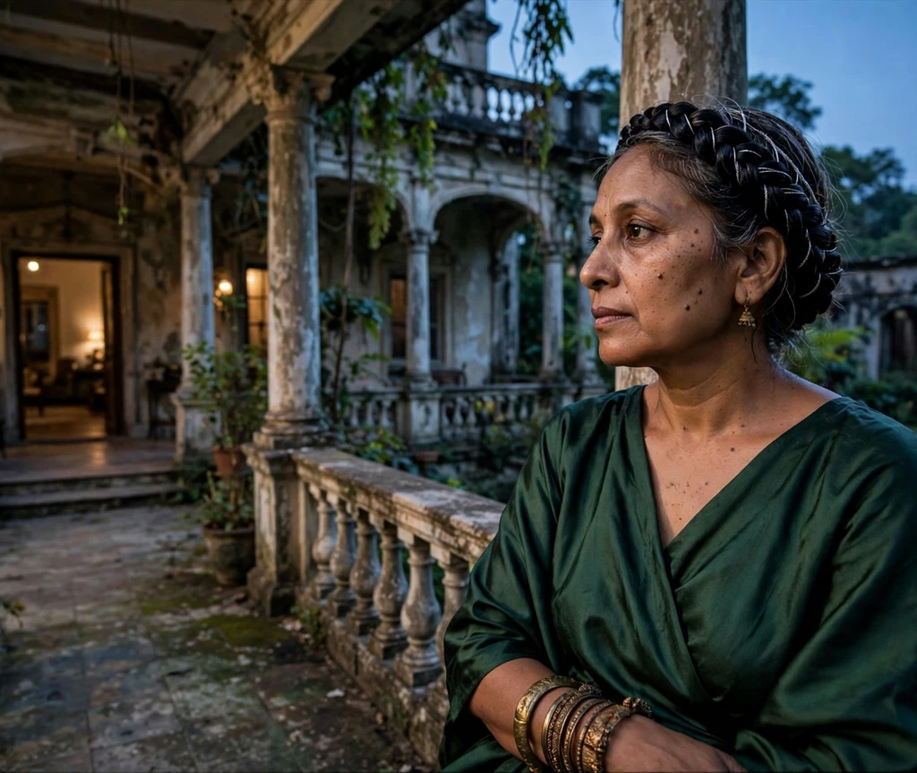 Woman with black Dutch crown braid with silver threads on a mansion veranda at dusk