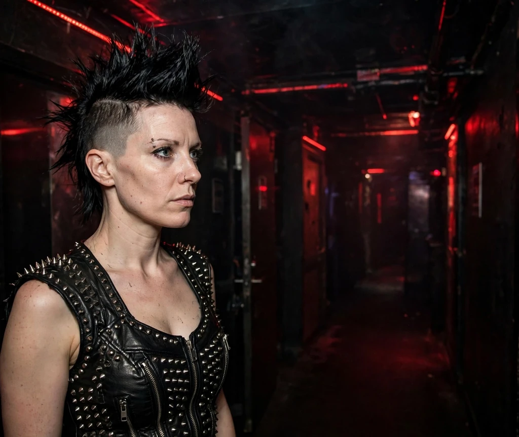 Woman with black fauxhawk updo with shaved sides in moody red lighting