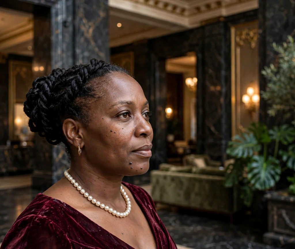 Woman with intricately twisted black bun in a grand dark marble lobby