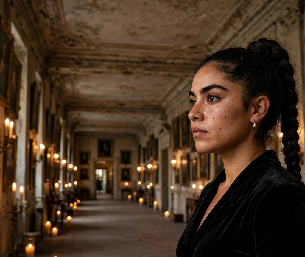 Woman with high black rope-braid ponytail in a candlelit portrait corridor