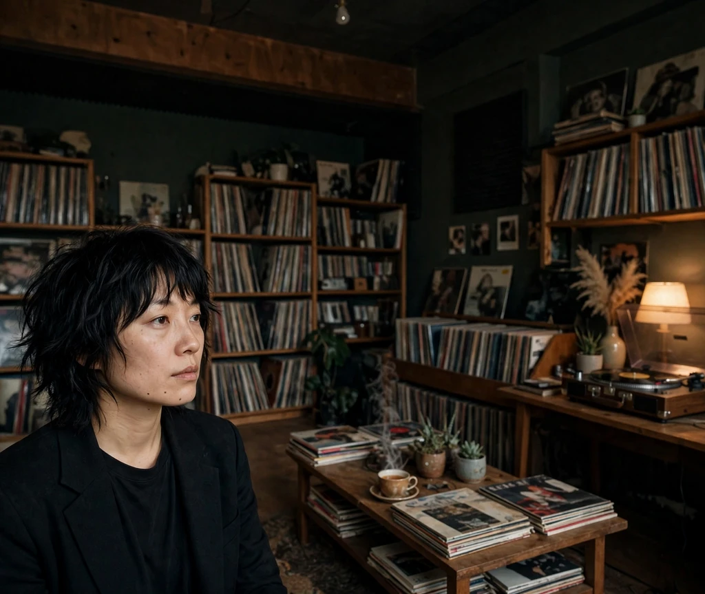 Woman with black shaggy layered haircut with dark roots in a moody den