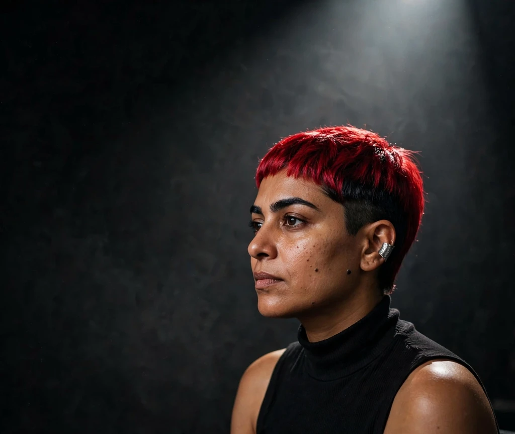 Woman with crimson pixie haircut and black undercut in a dark studio spotlight