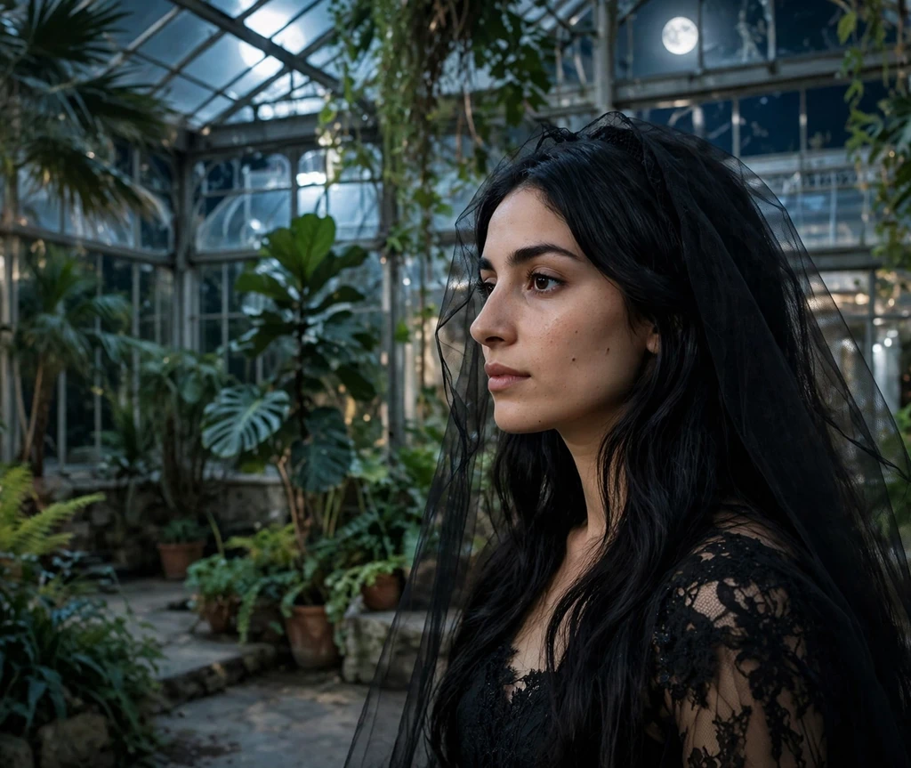 Woman with very long black layered hair and sheer dark veil in a moonlit conservatory