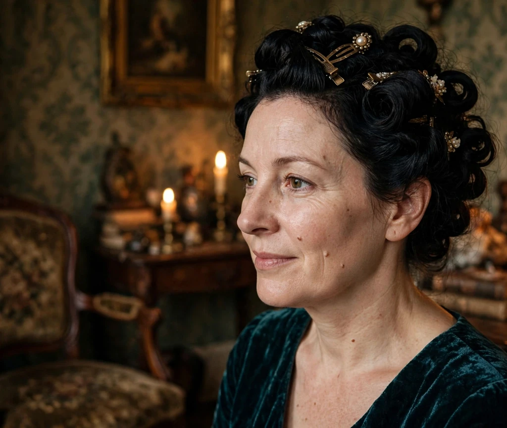 Woman with black pinned curls updo with vintage clips in a candlelit parlor