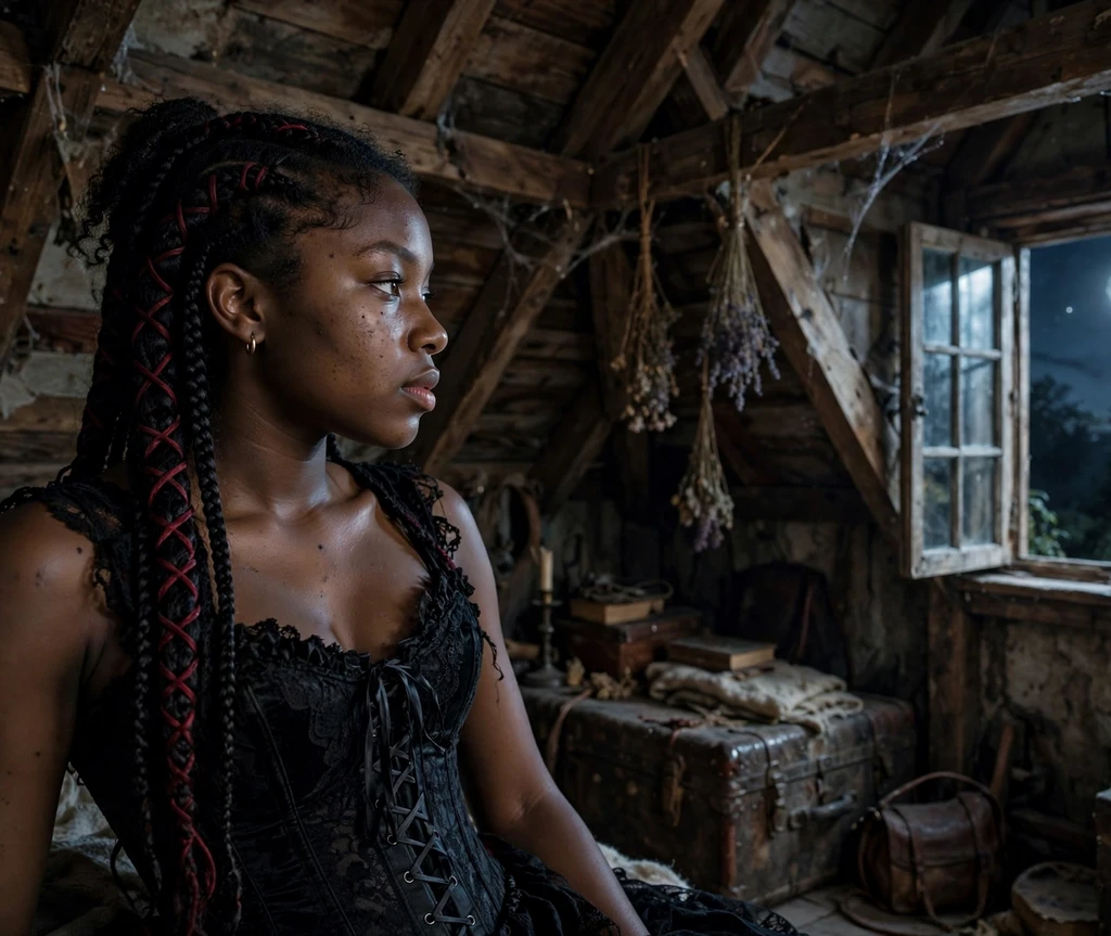 Woman with black corset-laced braids with red lacing in a gothic attic room
