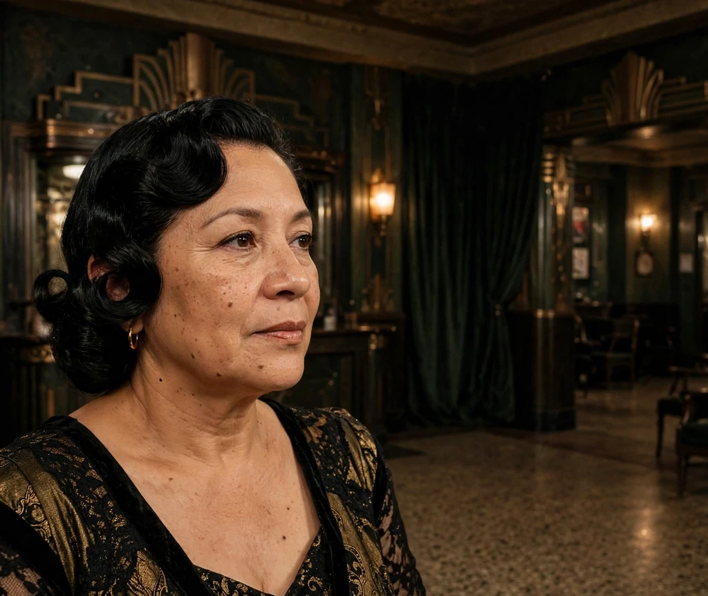Woman with black old-Hollywood side roll hairstyle in a vintage cinema lobby