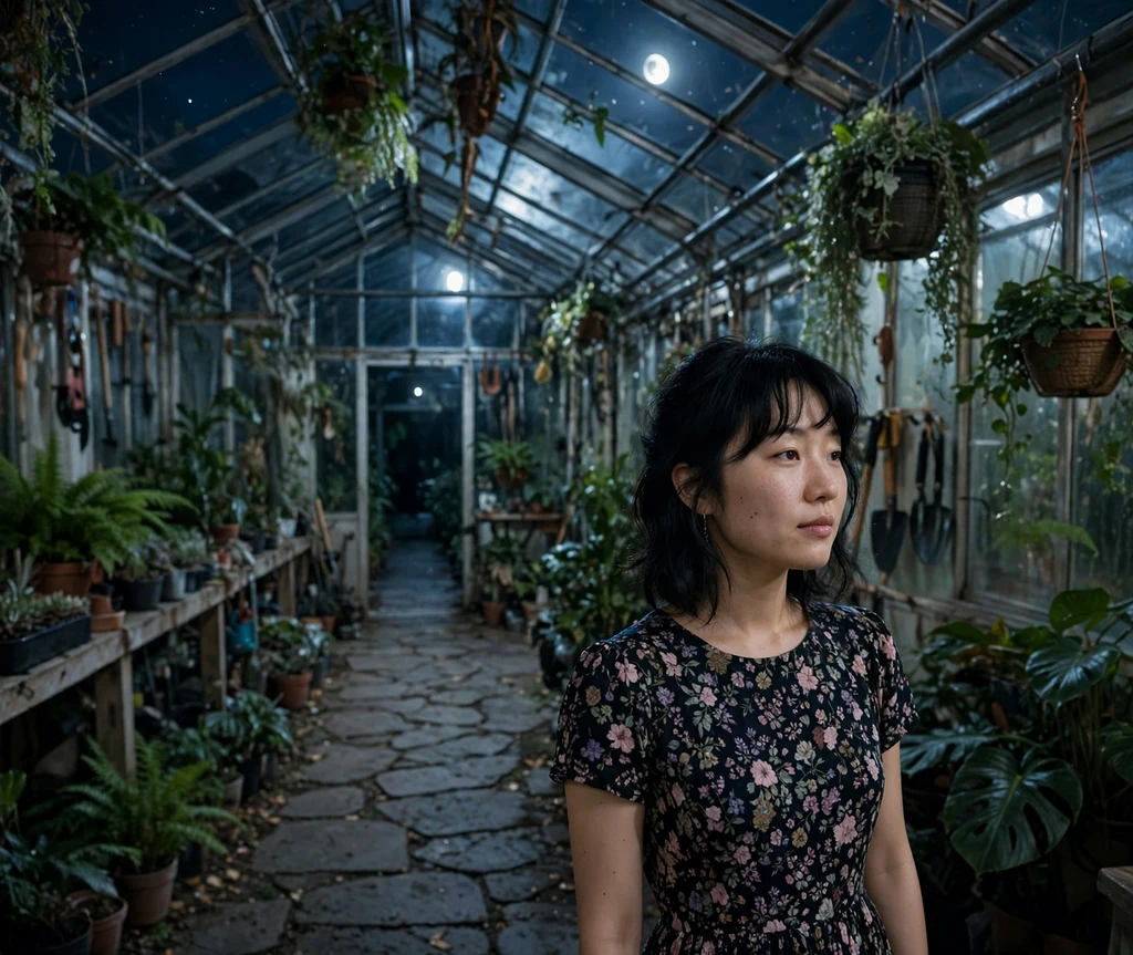 Woman with black wispy lob haircut with curtain fringe in a moonlit greenhouse