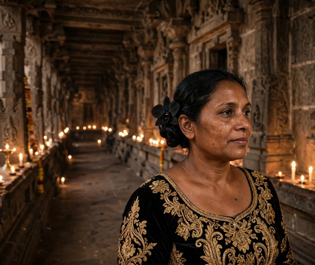 Woman with low black side bun pinned with a black orchid in a candlelit corridor