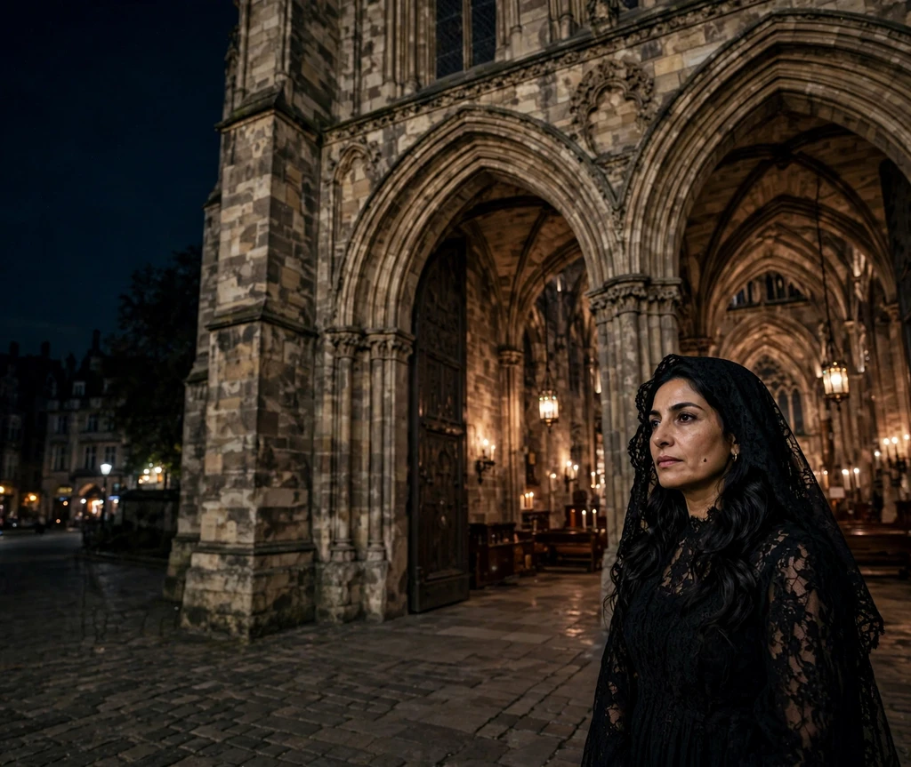 Woman with long black cathedral waves and lace mantilla in a grand doorway at night