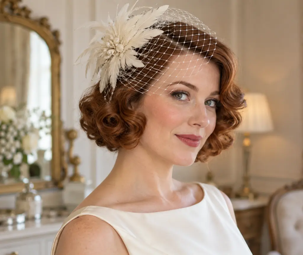 Vintage Curled Bob with a Feather Fascinator and Net Veil