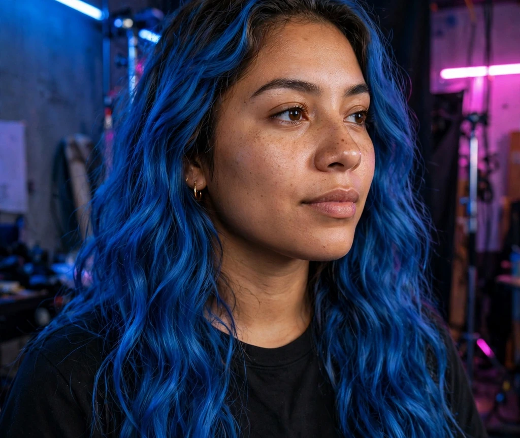Woman with long electric blue wavy hair in a neon-lit studio