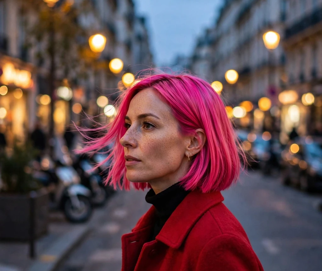 Woman with a hot pink sleek bob on a city street at dusk
