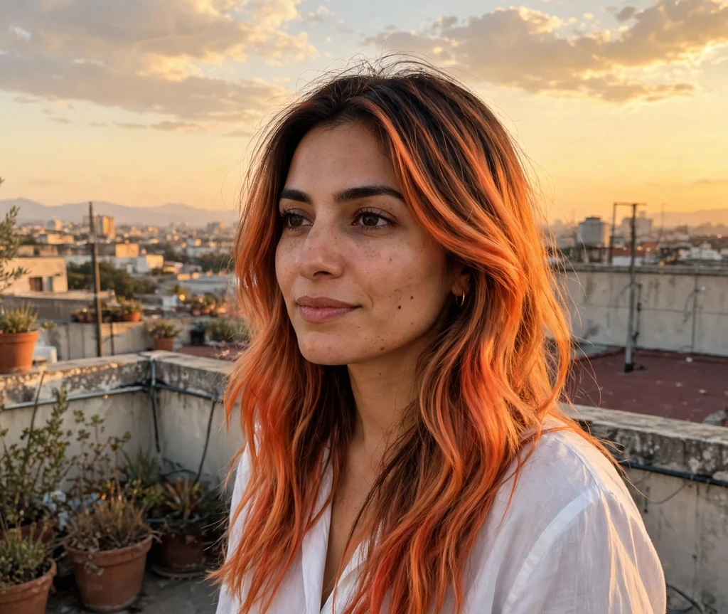 Woman with sunset orange balayage long layers on a rooftop at golden hour