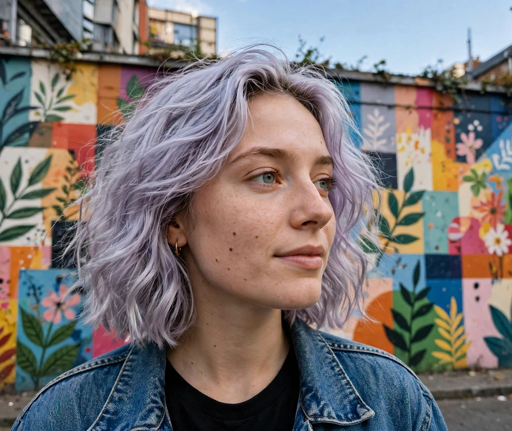 Woman with lavender silver wavy lob in front of a colorful art district mural