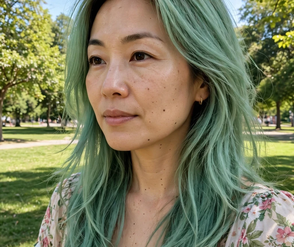 Woman with mint green long layered hair in a sunny park