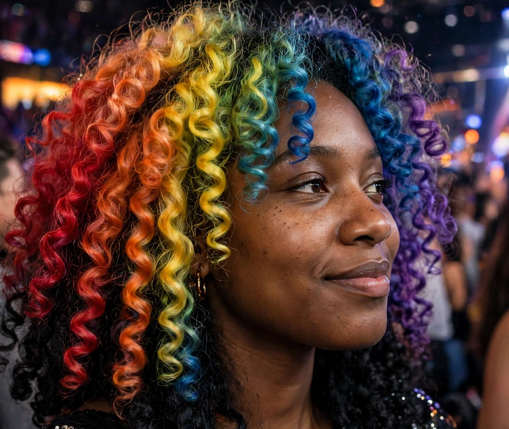 Woman with rainbow prism curly hair at a concert venue