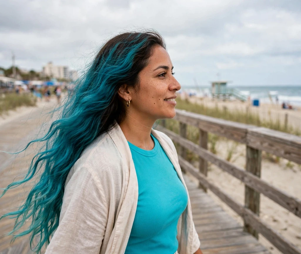 Woman with long teal mermaid hair walking on a beach boardwalk