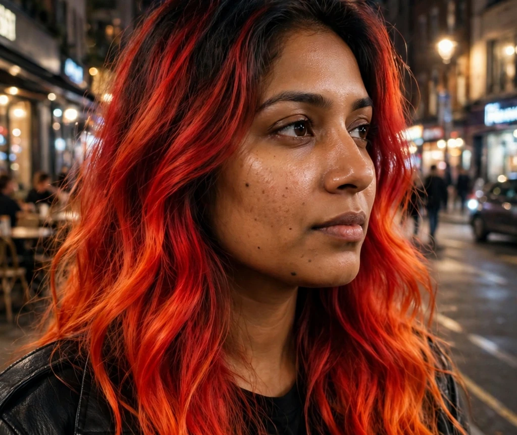 Woman with fiery red ombre long waves under city night lights