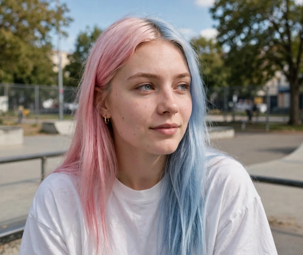 Woman with cotton candy pink and blue split dye hair at a skate park